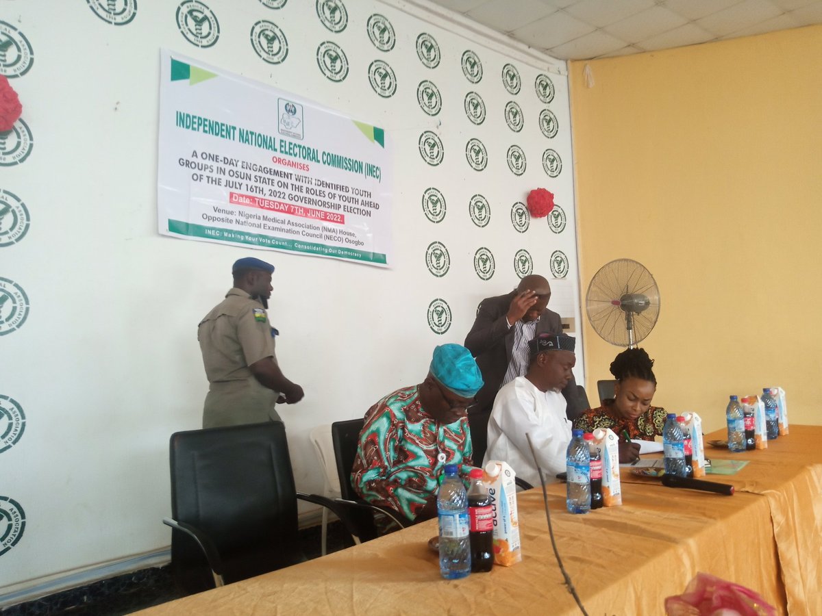 inecosunvoice's tweet photo. A ONE DAY ENGAGEMENT WITH IDENTIFIED YOUTH GROUPS IN OSUN STATE ON THE ROLES OF YOUTH AHEAD OF THE JULY 16TH, 2022 GOVERNORSHIP ELECTION, 
#osundecides2022
@YIAGA @votenotfight @GovoteNg @AlaniOduntan @SeunOsimosu @seunokin @inecnigeria @rot1930 @ajala_adetunji https://t.co/7BhHiasVEZ