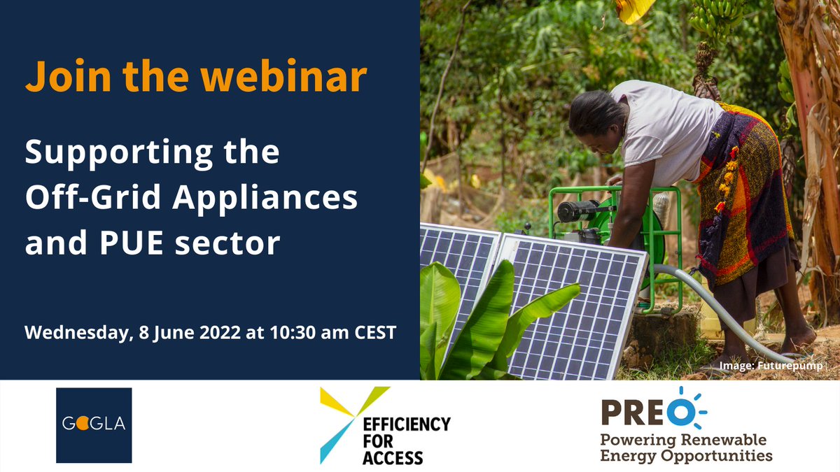 Calling all #offgrid PUE &amp; appliance companies: Are you looking for grant funding &amp; technical assistance opportunities?
 
TOMORROW, join <a href="/GOGLAssociation/">GOGLA</a>, <a href="/EforA_Coalition/">Efficiency for Access</a> &amp; #TransformingEnergyAccess PREO to learn how we can support you: bit.ly/3wp3oe9