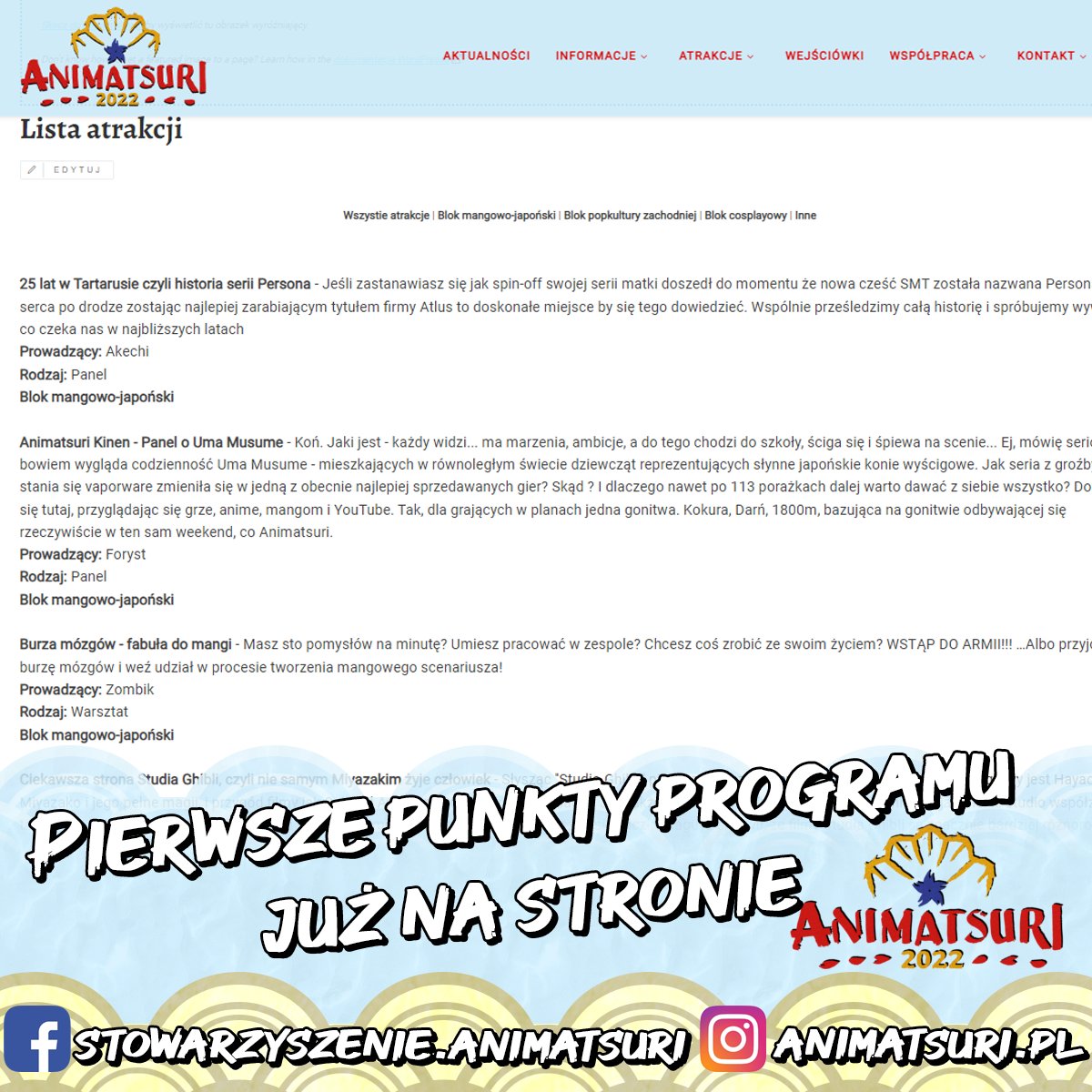 AnimatsuriPL's tweet photo. Lista pierwszych punktów programu:
https://t.co/C33ZRm248d
Zgłoszenia atrakcji:
https://t.co/e5RRP9luNP

#animatsuri #konwent #manga #anime #atrakcje #japonia #warszawa https://t.co/pk8HF7YjUf