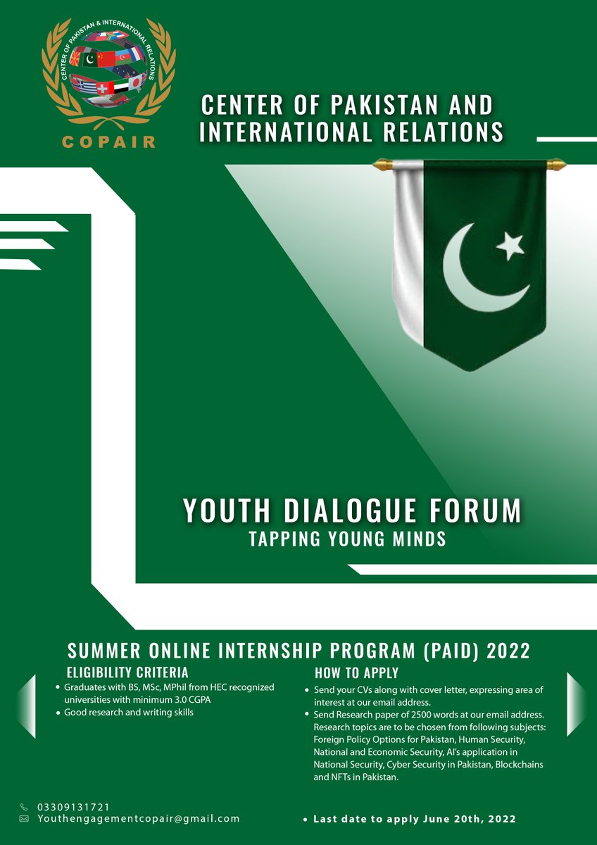 COPAIROfficial's tweet photo. Youth Dialogue Forum
Online Paid Internship Program by COPAIR.
Graduates with BS, MSc, MPhil with min 3.0/4.0 CGPA can apply. 
Applicants should send CVs and Cover letter on: 
youthengagementcopair@gmail.com https://t.co/RP6HcHJgmB