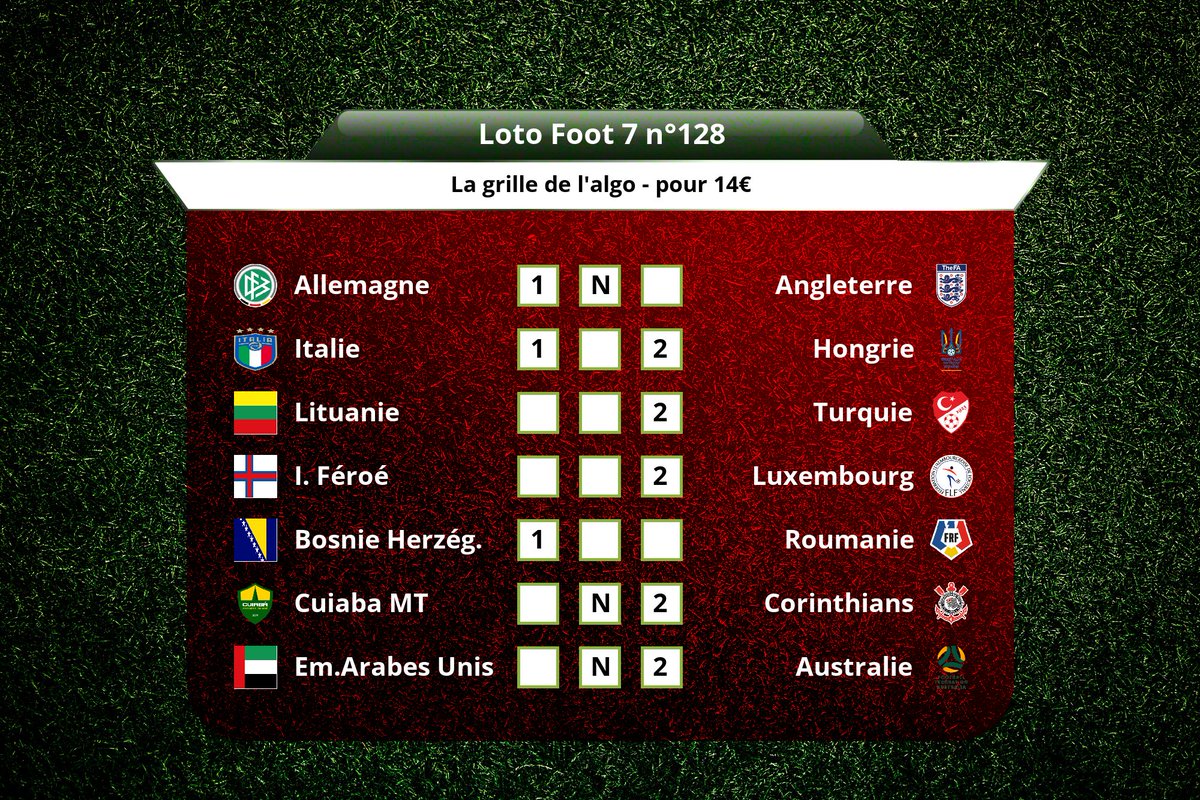 MyBallsFR's tweet photo. La grille du #LotoFoot 7 n°128

Pour testez notre app en beta, c'est ici : https://t.co/nEHdgzq5rT

C'est :
- des systèmes réducteurs intelligents et exclusifs
- une aide à la décision
- un algorithme de prédictions de surprises
#TeamParieur #TeamParieurs https://t.co/2317WvmaKs