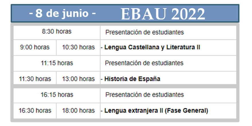 educacyl's tweet photo. 🎓 #EBAU2022:  Si mañana, 8 de junio,  te presentas a la #EBAUCYL, recuerda el horario de las pruebas. ⌛ 

🏃‍♂️ 🏃‍♀️ ¡¡Acude con antelación!!

#Bachillerato #Universidad 

@UBUEstudiantes  @unileon @usal  @UVa_es  @JCyLUniversidad

👉 https://t.co/0rc6ADVDU4 https://t.co/knDcioOogW