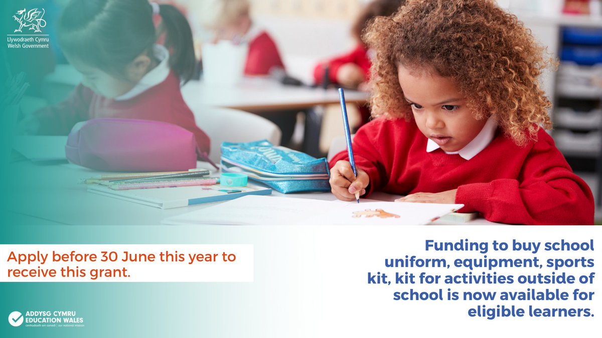 WG_Education's tweet photo. Funding to buy school uniform, equipment, sports kit, kit for activities outside of school is now available for eligible learners.

Apply before 30 June this year to receive this grant.

Contact your local authority for further information. 

https://t.co/oN6ULc82OT #HelpWithKit https://t.co/166ULQYcXn