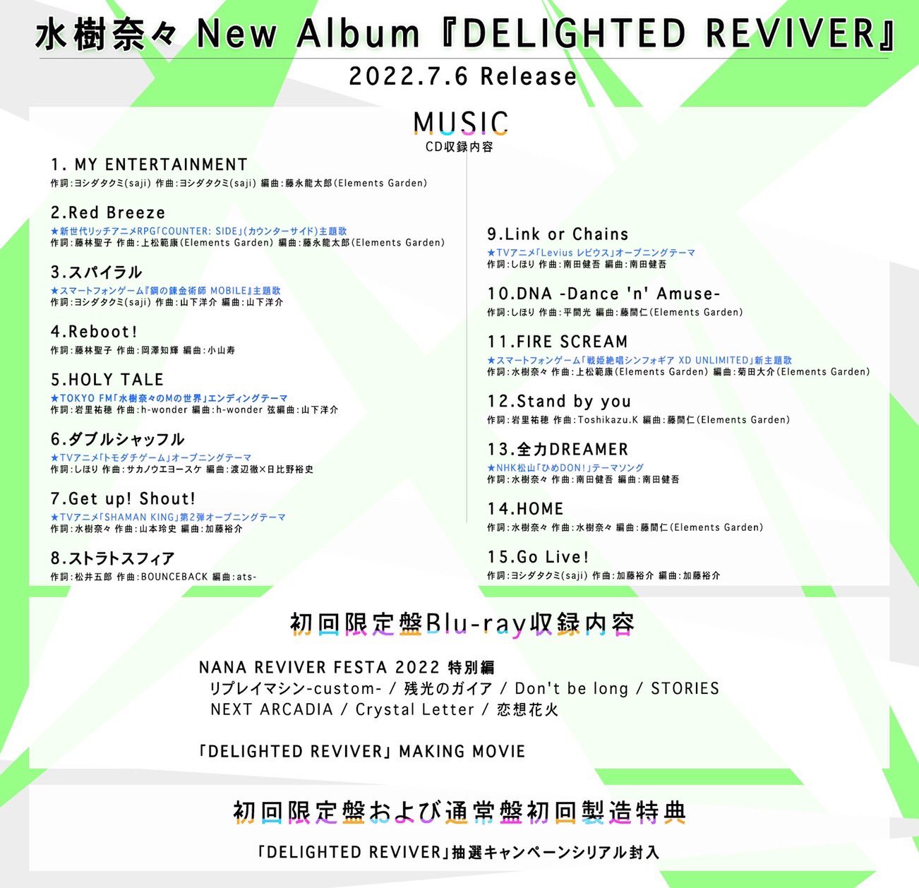 水樹奈々オフィシャル Delighted Reviver 収録内容の詳細を公開 22 7 6 Release 水樹奈々 New Album Delighted Reviver アルバム収録内容の詳細を公開 新曲10曲を含む 全15曲を収録 詳細はこちら T Co