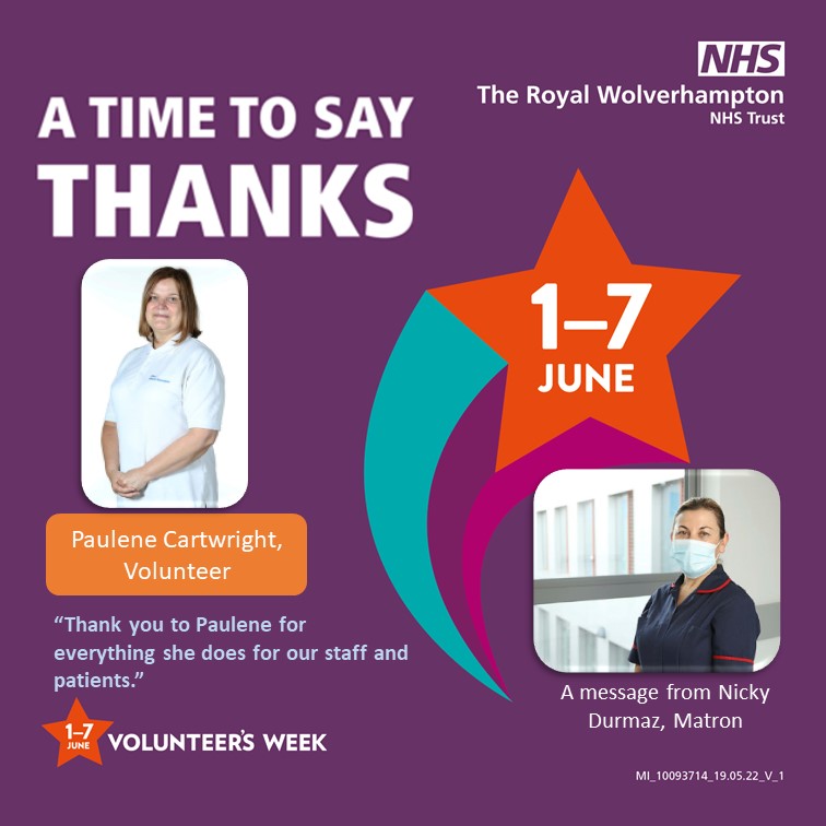 RWT_NHS's tweet photo. For the last day of Volunteers’ Week, we feature Paulene Cartwright who spends most of her volunteering hours on the Acute Medical Unit (AMU).

Let us say thank you to all those incredible volunteers and celebrate volunteering in all areas across RWT.

#ATimeToSayThanks 💜 https://t.co/0SaZG5XOfE