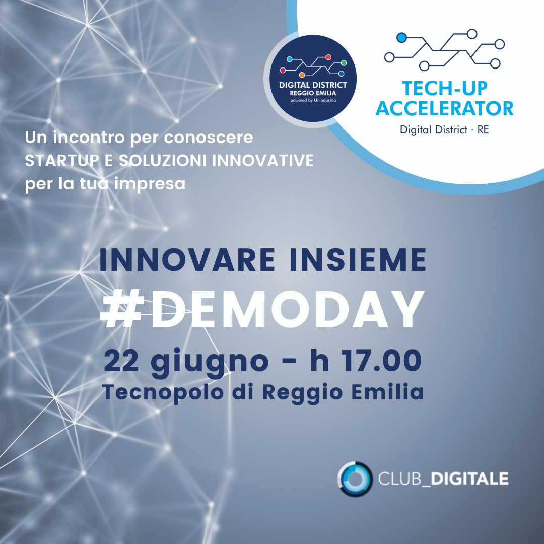 TechUpAcc's tweet photo. 📢📢📢SAVE THE DATE📢📢📢
#demoday 💡 #innovareinsieme
Tech-Up Accelerator organizza per 📅Il prossimo 22 giugno, alle ore 17.00, presso @Rei_innova un nuovo demoday in collaborazione con il #ClubDigitale.
Per info: 📧 techup@dd-re.it
@UnindustriaRE https://t.co/L8M3sAvuuB