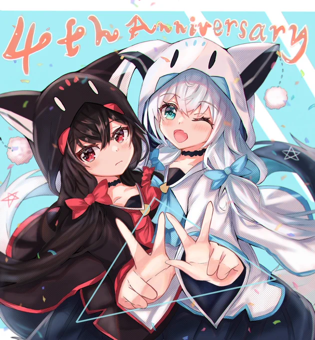 ダブルピースで4周年きーつね🌽🦊

クロちゃんも一緒に頑張ってください!
#絵フブキ 
#白上4周年じゃい 