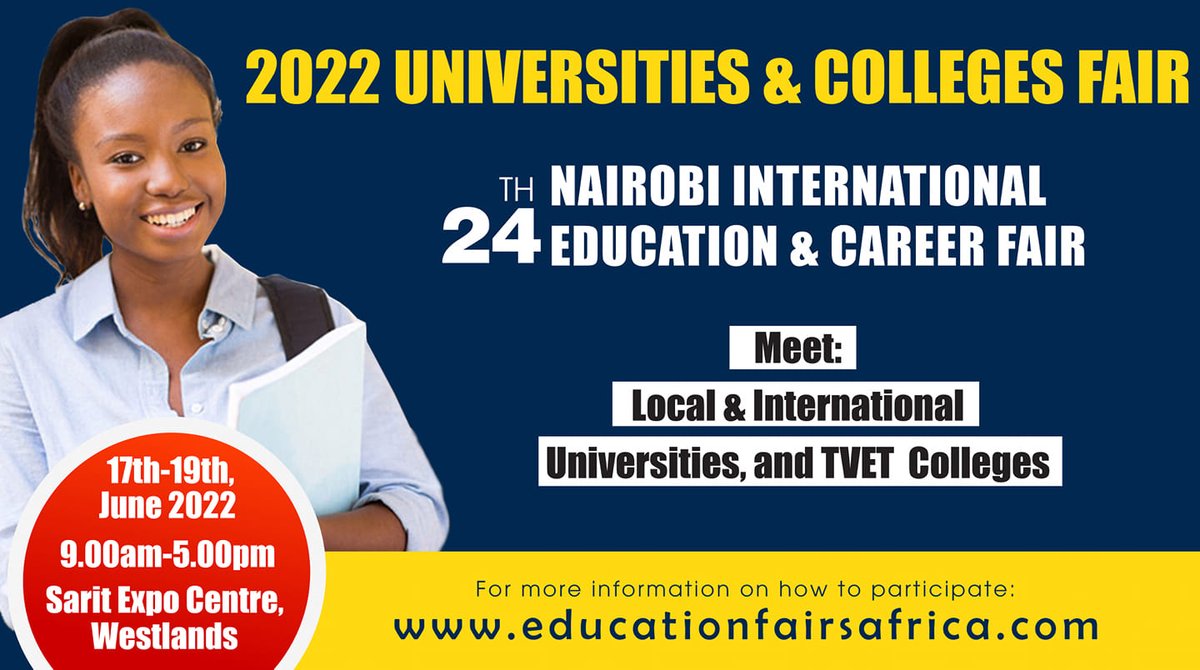 2022 is here <a href="/NairobiEduFair/">Education Fair 254</a>  is on 17-19 June at Sarit Expo Westands, save the dates Nairobi International Education &amp; Career Fair comes lets engage..
#education #career #universities #collegestudents #highereducation