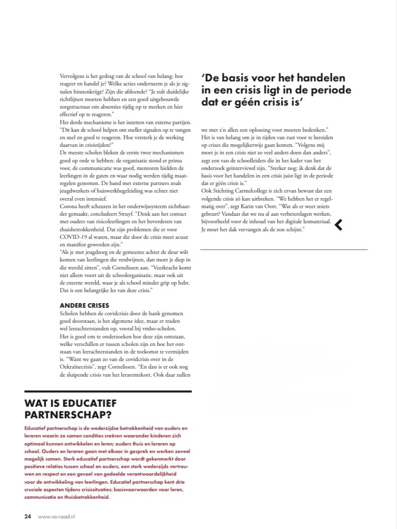 Hoe komt het onderwijs de volgende crisis nog beter door? Partnerschap maakt de school veerkrachtig. Lees het interview in het magazine van <a href="/VO_raad/">VO-raad</a> met collega <a href="/PetrievdZanden/">Petrie vd Zanden</a>, <a href="/Frank_Corneliss/">FrankCornelissen</a> en <a href="/AnnemieStruyf/">Annemie Struyf</a> ism met <a href="/stgcarmel/">Stg. Carmelcollege</a> #kansenincrisis