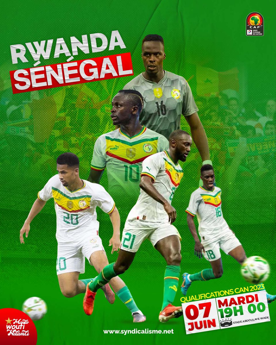 Sarenbi's tweet photo. ⚽️GAME DAY
🇷🇼 Rwanda 🆚 🇸🇳 Sénégal
🏆 | Qualifications can 2023
🕒 | 19h 00
🏟 | Stade Abdoulaye Wade
Designed by me✨
#RWASEN #sublimetech #can2023🇨🇮🏆⚽️ #senegal #ultra221 #team221🇸🇳🇸🇳🇸🇳🦁 #teamsenegal #syndicalisme #mankowutindamli https://t.co/iRCDf2coWl