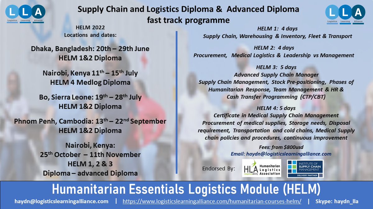 Logistics_LLA's tweet photo. Are you interested in learning more about Humanitarian Logistics? Want to attend one of our Humanitarian Essentials Logistics Module (HELM) training events? We are looking forward to returning to Sierra Leone and Kenya, as well as our first ever visits to Bangladesh and Cambodia! https://t.co/x8rkWPCaPB