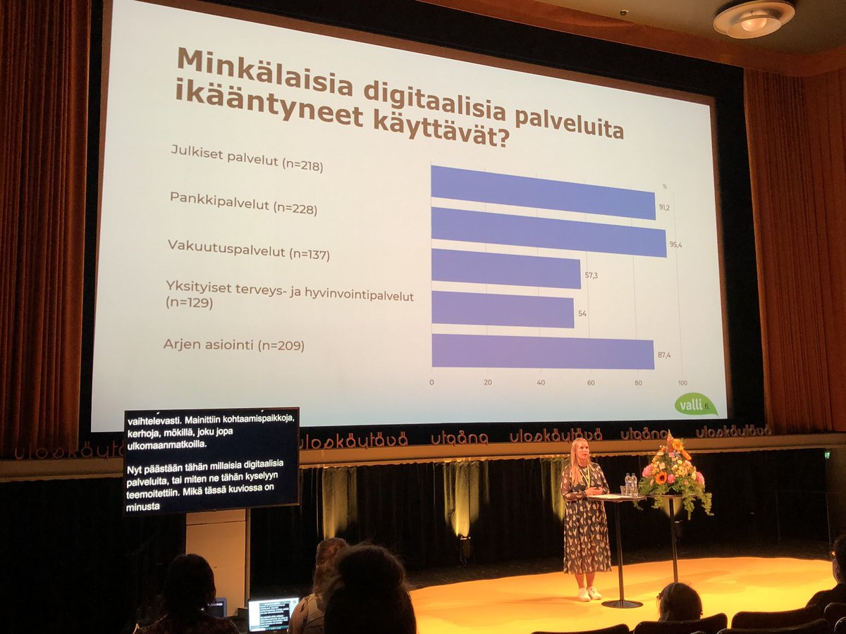 Suunnittelija @suvihilt @IkateknologiaK käy läpi #digiosallisuus-kyselyn vastauksia, n=289. Vastaajista 84,4% käyttää digipalveluita. Mitä palveluita käytetään? Hajontaa tulee: selkeästi ainakin yksityisten terveys- ja hyvinvointipalveluissa olisi kasvun varaa. #DigiAgeTalk