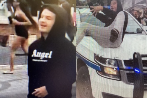 ShebaTurk's tweet photo. The NOPD is looking for 2 people involved in car stunt shows at the intersection of St. Claude &amp; St. Roch on Sunday 

The pictured individuals were captured on video jumping onto and kicking a marked NOPD unit 

@WWLTV https://t.co/RGukjxSONa