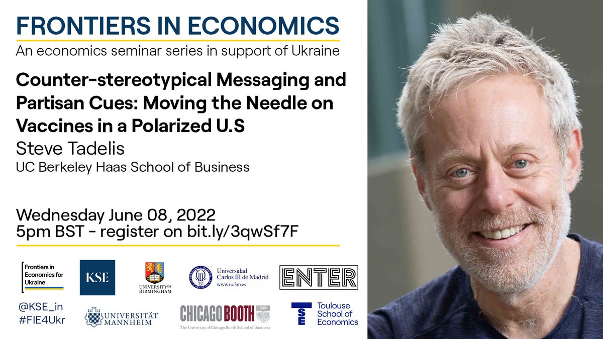 kse_in's tweet photo. Please join for 

Frontiers in Economics 4 Ukraine seminar
this Wednesday at 5pm BST (6pm CET)

with 
@steve_tadelis

@BerkeleyHaas

on polarization in public health
 
Join here: https://t.co/IZhOt0tWLe
@KyivSchool #EconTwitter https://t.co/Vwc8sqzN7c