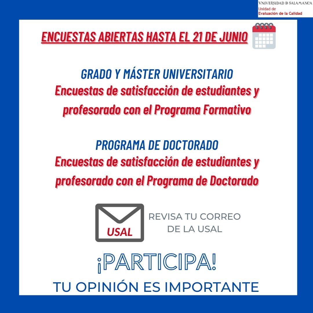 CalidadUsal's tweet photo. Revisa tu correo de la @usal y accede a la encuesta a través de la invitación que has recibido #calidadusal https://t.co/Iejz1UzJRs