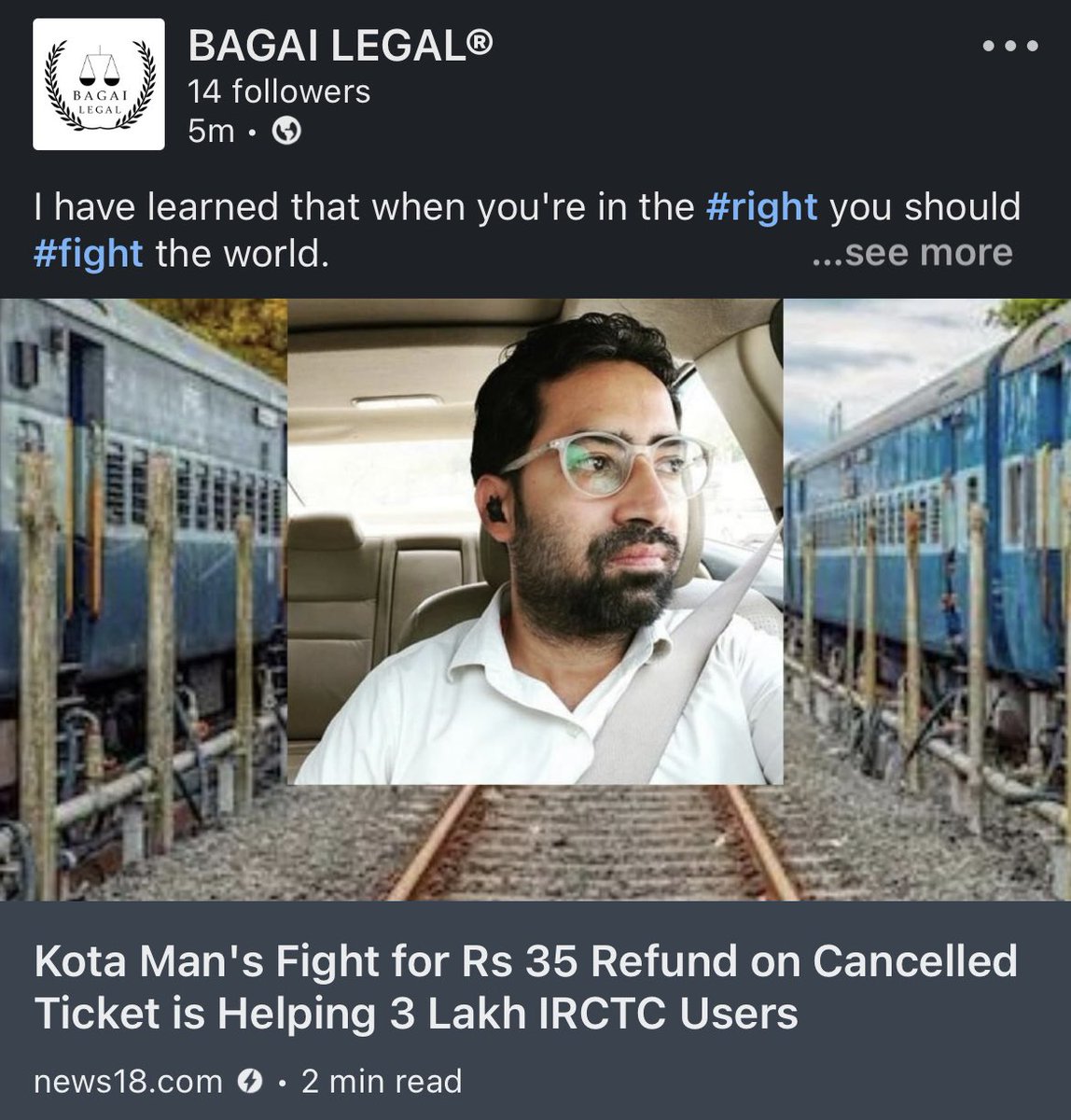 BagaiLegal's tweet photo. I have learned that when you're in the #right you should #fight the world. 
- Pep Guardiola

An engineer ended up helping nearly 3 lakh IRCTC users who will now be refunded Rs 2.43 crore by the Railways 👏👏

https://t.co/zy4tahT7kF https://t.co/OEAyKoprTS