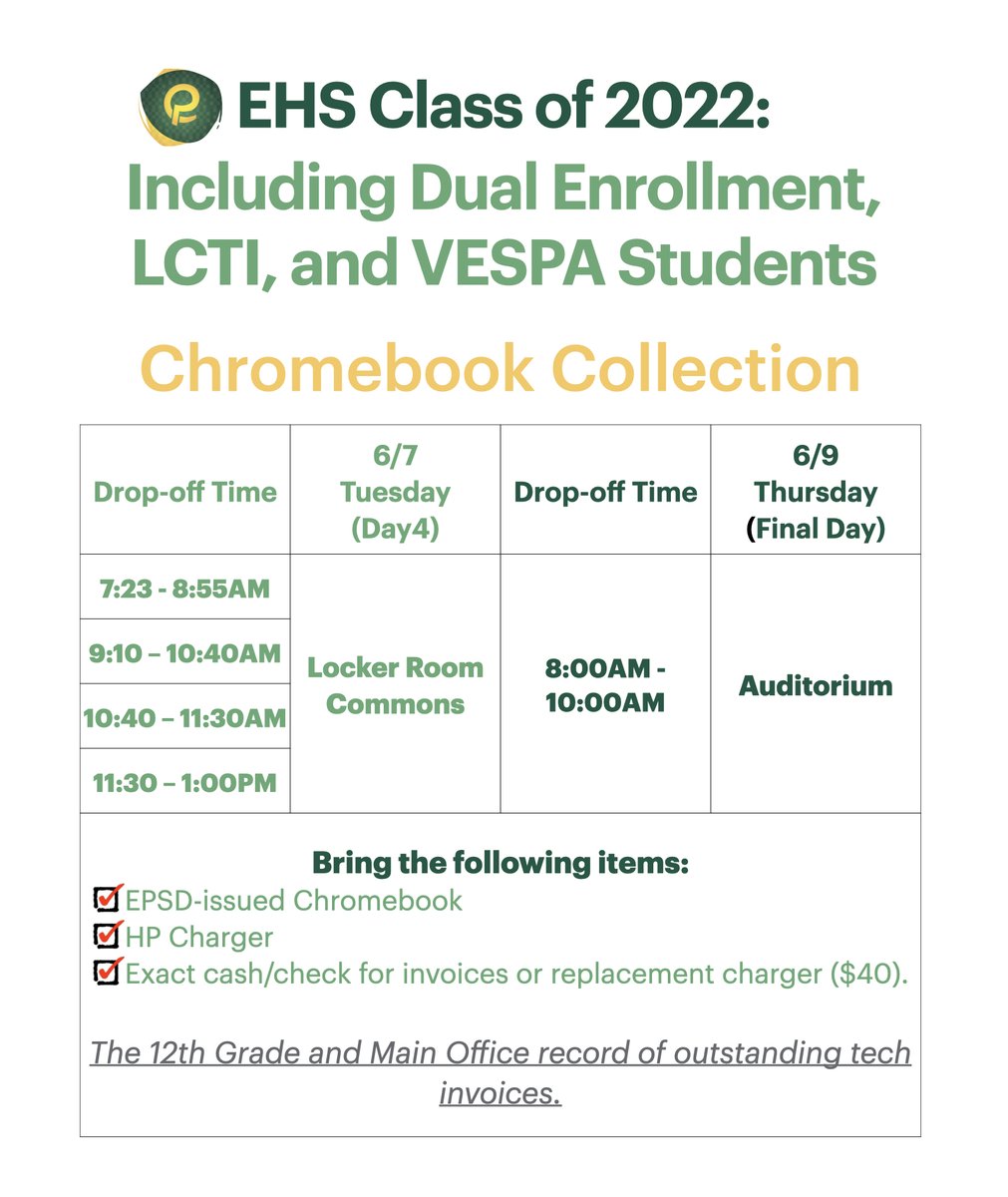 EPSDTech's tweet photo. Class of 2022 🎓,

Today is the last day of final exams!  You can turn in your Chromebook and HP charger at the locker commons today between 7:23AM - 1:00PM.  

Drop/off today (no more finals) = quicker cap and gown distribution on Thursday (6/9).

Exact cash/check only please. https://t.co/nKwPxlpGtg