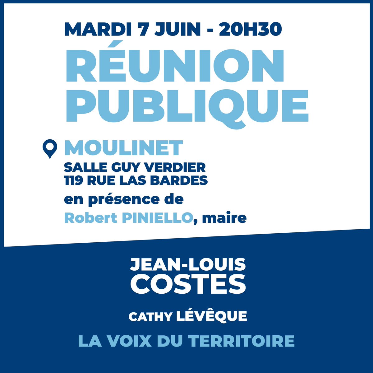 [ #RéunionPublique ] - 𝗠𝗢𝗨𝗟𝗜𝗡𝗘𝗧  
Nous vous donnons rendez-vous :
📅  𝗠𝗔𝗥𝗗𝗜 𝟳 𝗝𝗨𝗜𝗡 𝗮̀ 𝟮𝟬𝗵𝟯𝟬 
📍 Salle Guy Verdier - 119 rue Las Bardes
en présence de Robert PINIELLO, maire de Moulinet