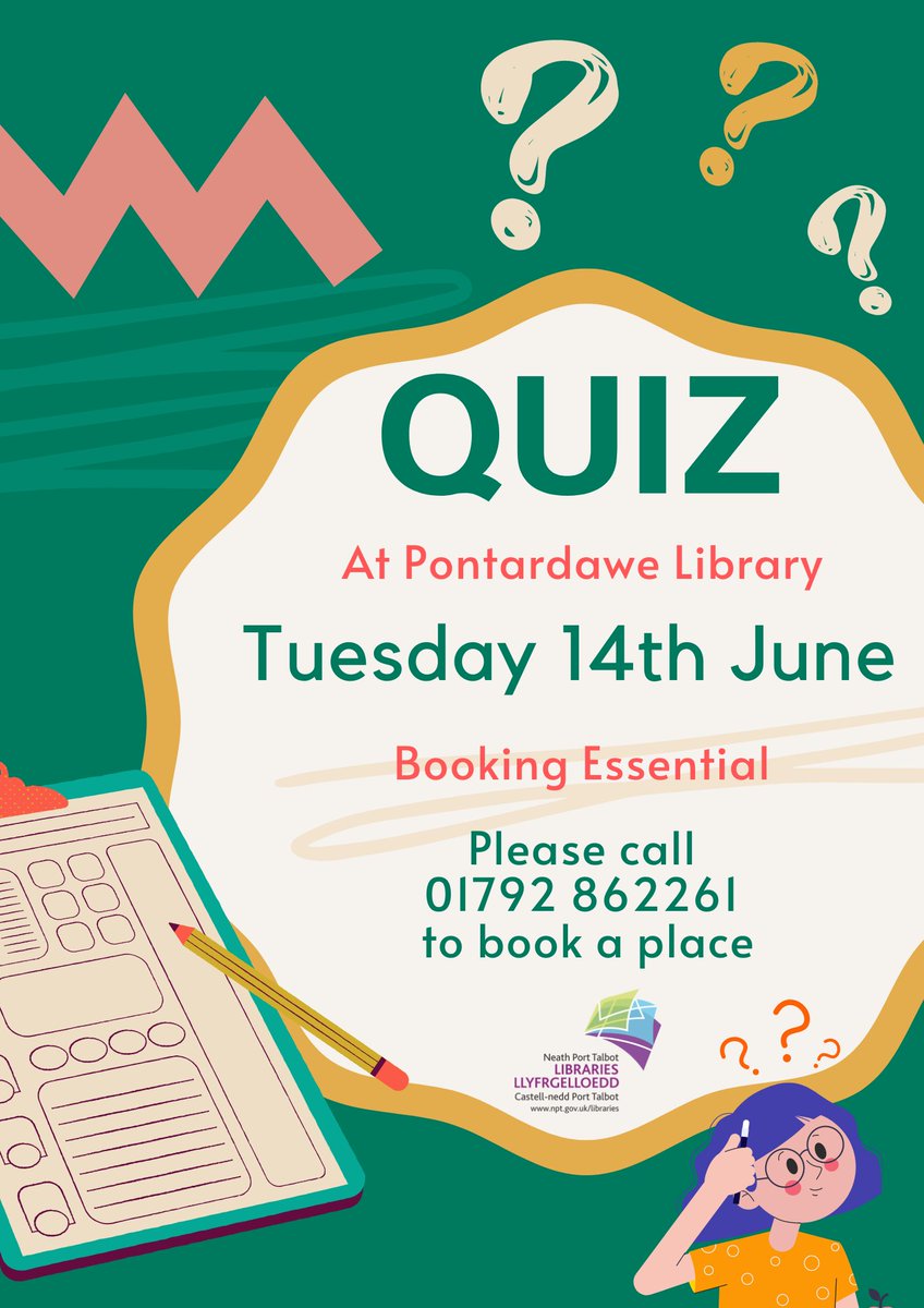 Quiz at @pontylibrary Tuesday 14th June Booking Essential Call 01792 862261 to book