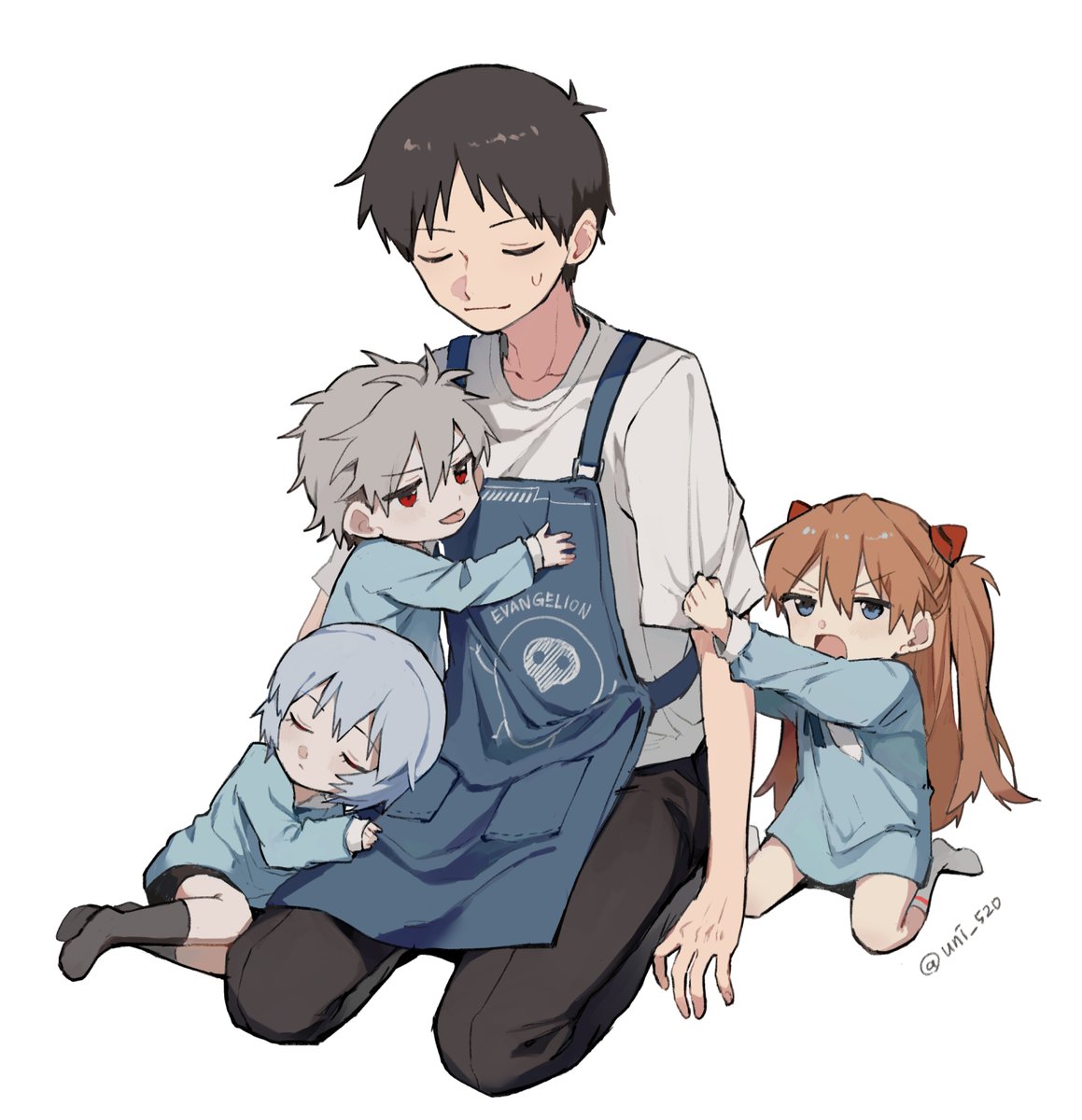 ayanami rei ,ikari shinji ,nagisa kaworu ,souryuu asuka langley multiple girls 2girls 2boys closed eyes black pants multiple boys apron  illustration images