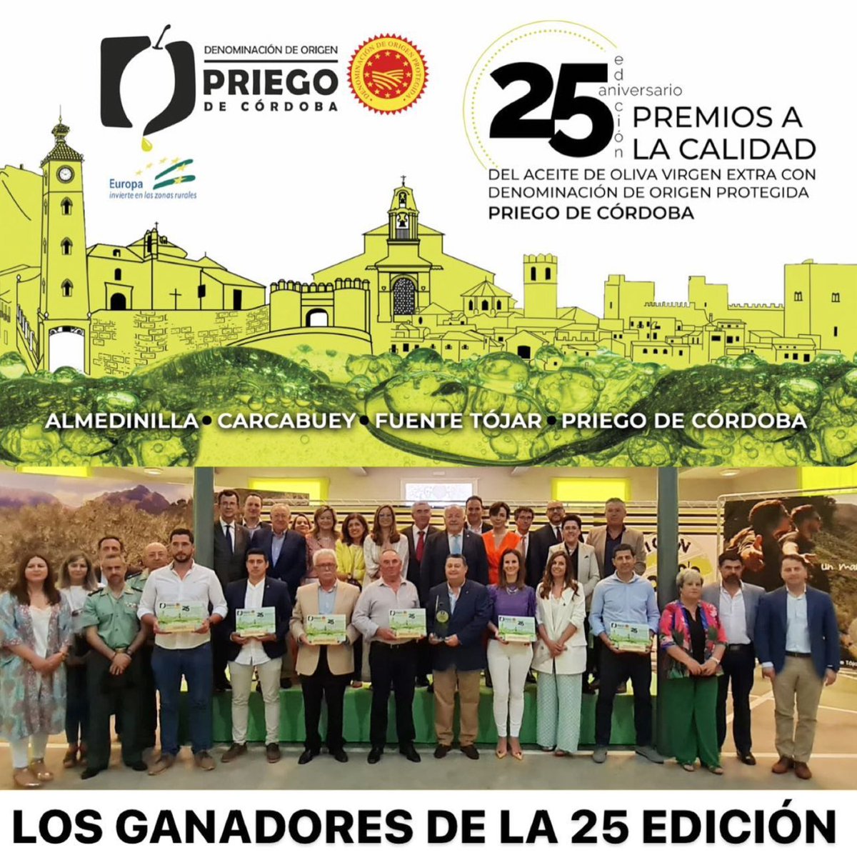 AoveDopPriego's tweet photo. Los ganadores de los #25PremiosCalidadDopPriego 👏🏻

Máximo galardón fue para la firma Parqueoliva Serie Oro de @almasubbetica

Primer premio fue para @CladiumSelecto 

Segundo Premio para Oleosubbética, de Marín Serrano el Lagar S.L.

Tercer Premio para la empresa @ventadelbaron https://t.co/ndGBaR37nT