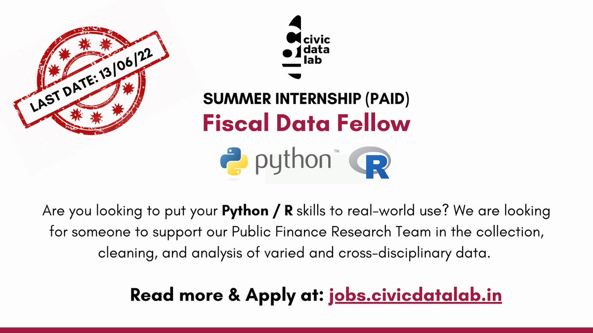 Are you looking to put your #Python / #RStats skills to real-world use? 

Join us to support us in the collection, cleaning, and analysis of cross-disciplinary data. Apply at jobs.civicdatalab.in by this Sunday!

#paid #internship #remote #india #econtwitter