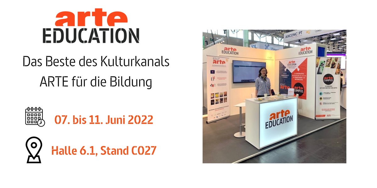 😍<a href="/EducARTEde/">Educ'ARTE</a> und <a href="/ArteCampusfr/">ARTE Campus</a> sind ab heute gemeinsam mit <a href="/BfBildung/">Bündnis für Bildung</a> auf der <a href="/didactaDIGITAL/">Didacta Verband</a> in #Köln! 😍

Kommen Sie uns in Halle 6.1, Stand C027 besuchen und lernen Sie unsere Mediatheken kennen 😊