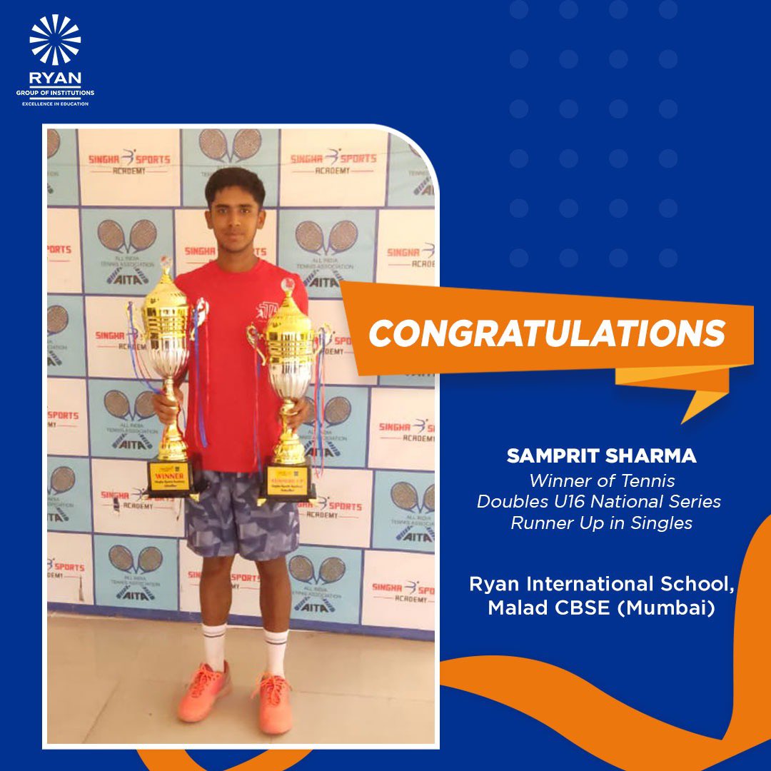 RyanIntlGrp's tweet photo. Incredible #Tennis performance by our class 10 #Ryanite Samprit Sharma from #RyanInternationalSchool, Malad CBSE (Mumbai).
He was declared the winner of the doubles in the National Series U16 held at Jalandhar and the runner-up in the singles event.
Congratulations Samprit. https://t.co/JSDFvCSZyO