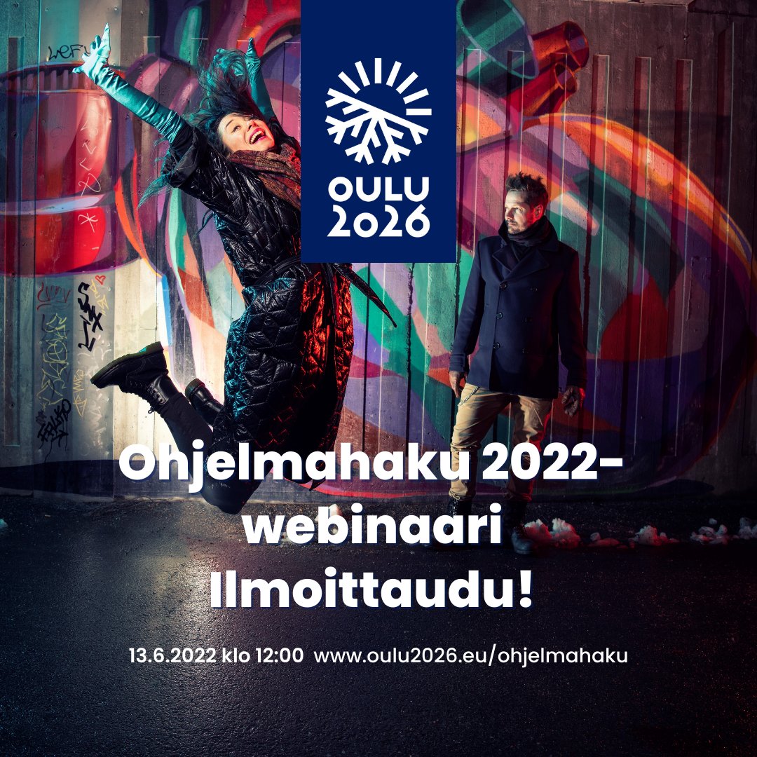 Oletko jo tilannut Oulu2026-uutiskirjeen? Tuoreimmassa koosteessa aiheina mm. Ohjelmahaku 2022, Qstockin yhteyteen heinäkuussa avattava, kaikille avoin Oulu2026-puisto, sekä Kulttuurin elämysoppaat-valmennus! 

Tilaa täältä: oulu2026.eu/tule-mukaan/
