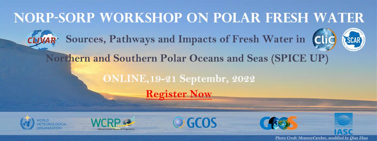 WCRP_CLIVAR's tweet photo. #CallforRegistration NORP-SORP workshop on polar fresh water: Sources, Pathways and ImpaCts of frEsh water in northern and soUthern Polar oceans and seas (SPICE UP)
Online, 19/20/21 Sep (3 half-days) 2022
Polar and global fresh water need YOU!
Register now https://t.co/RfcO2pUGzo https://t.co/EfLGiGBOII