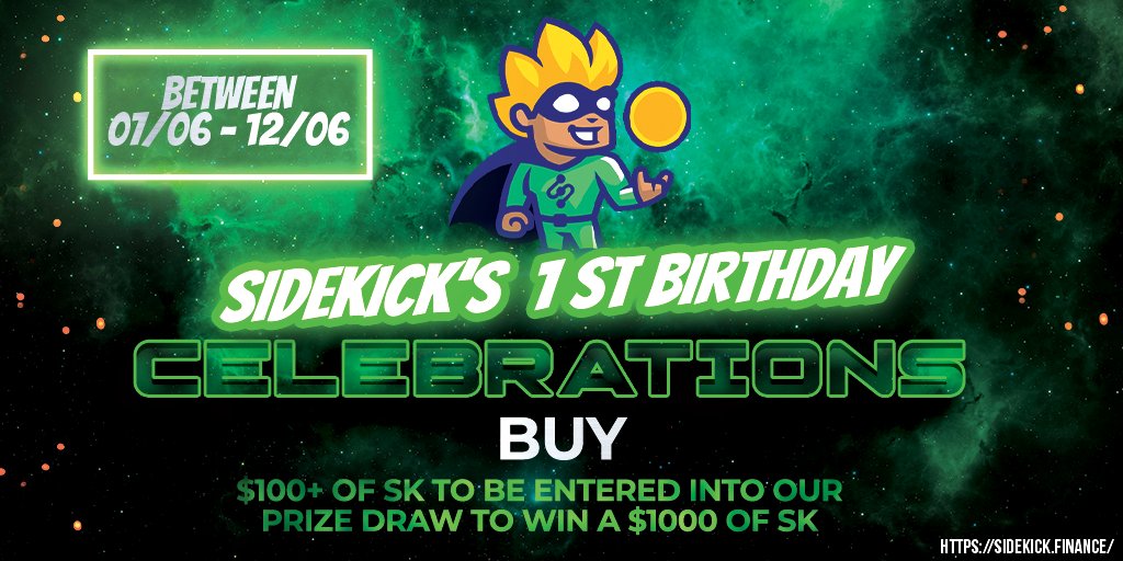 SidekickFinance's tweet photo. IT'S TIME TO CELEBRATE! 🎉

Everyone who buys $100+ of SK between the 7 June - 12 June (our birthday) will be automatically entered into a draw to win $1000 worth of SK. We'll have 2 winners!

Help us spread the word! #cryptonews #defi #altcoin #BSCGEM #cryptotrading https://t.co/CCXDiwIiyw