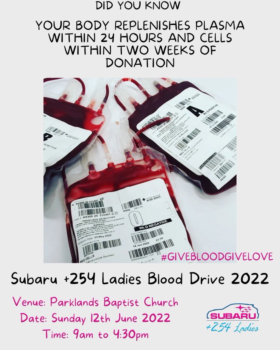 Subaru254Ladies's tweet photo. Your body is so uniquely built that it is able to repair itself after donation with no special intervention. Have we made it into your Sunday plan?
#Subaru254LadiesBloodDrive2022
#GiveBloodGiveLove https://t.co/QD7suge0Lu