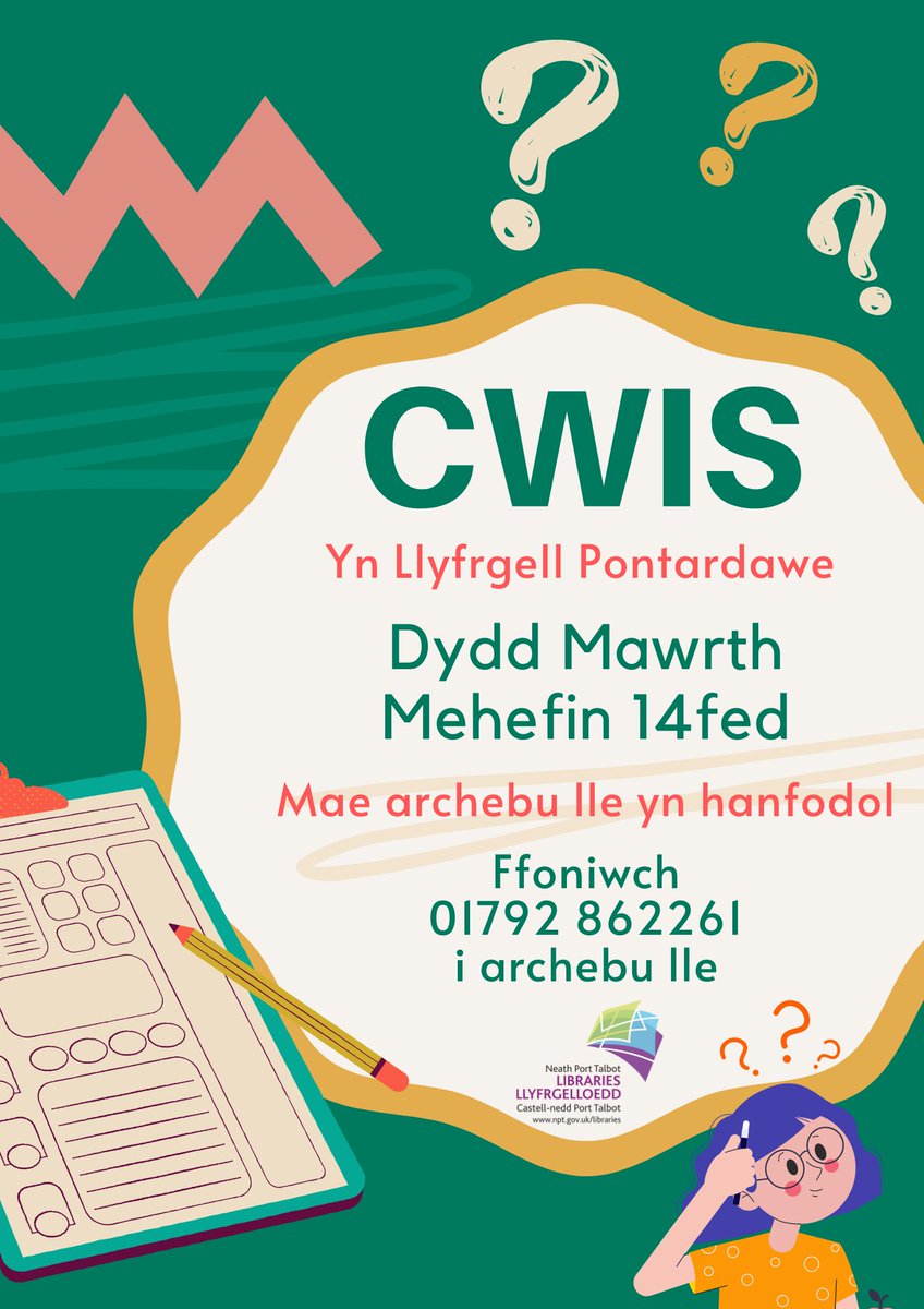 Cwis yn @pontylibrary Dydd Mawrth Mehefin 14fed Mae archebu lle yn hanfodol Ffoniwch 01792 862261 i archebu lle