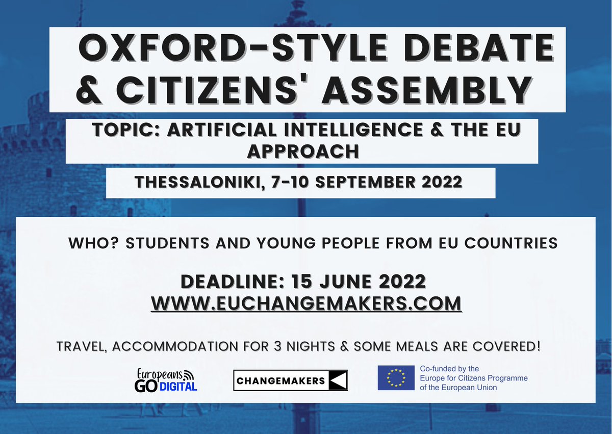 [Call for Participants] <a href="/EUCA_BXL/">EucA</a> is inviting young Europeans to a unique event in Thessaloniki this September! Interested in #AI and #digital issues? Apply before 15 June! #EuropeansGoDigital #ArtificialIntelligence 
⏰citizensforeurope.eu/proposals/call…