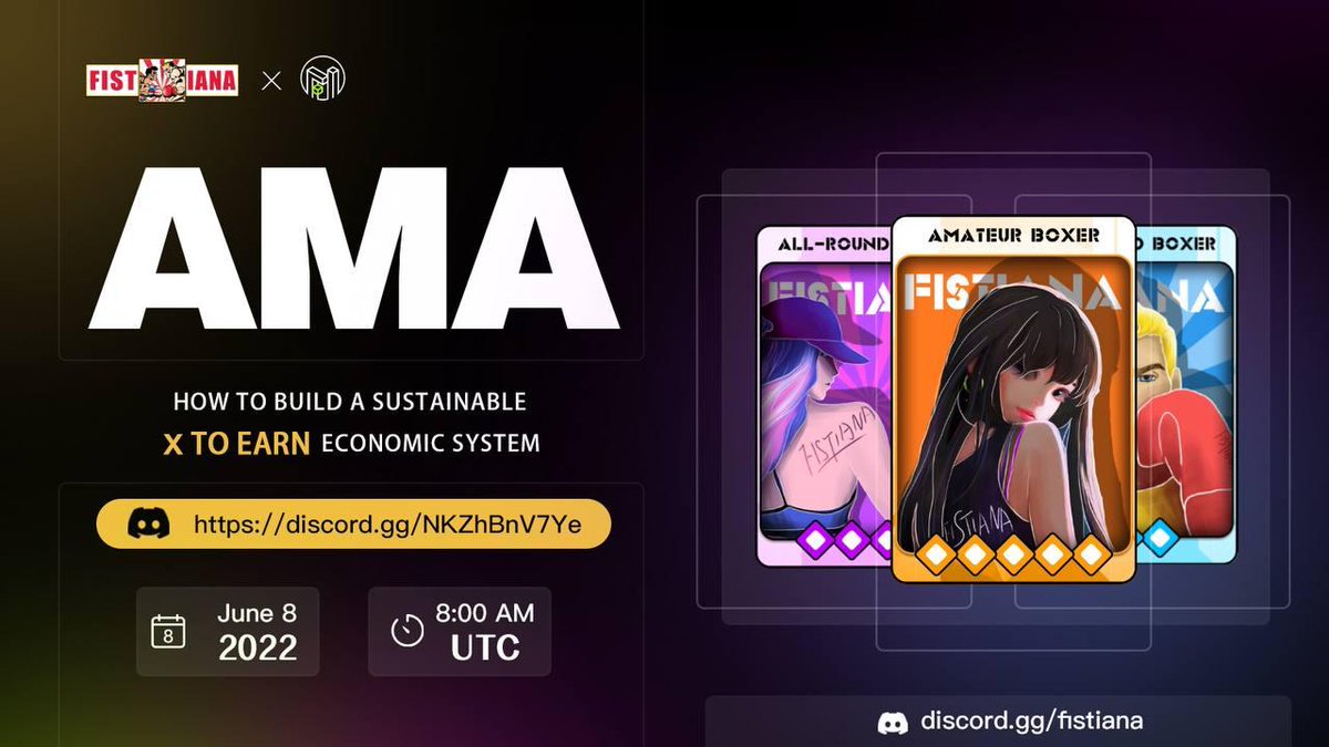 近期大火的“Sport To Earn”项目FISTIANA将于6月8日16:00做客IMFI社区，AMA期间送出150U等值代币+稀缺白名单。

本推抽5人空投150U等值代币，24h后在IMFI DC（discord.gg/NKZhBnV7Ye）统一开奖：

①关注 <a href="/fistianaweb3/">FISTIANA | Sport To Earn！</a> 和 <a href="/ImfiDAO/">IMFI DAO</a>
②转评赞并艾特2人
③加入DC(必做)：discord.gg/fistiana
