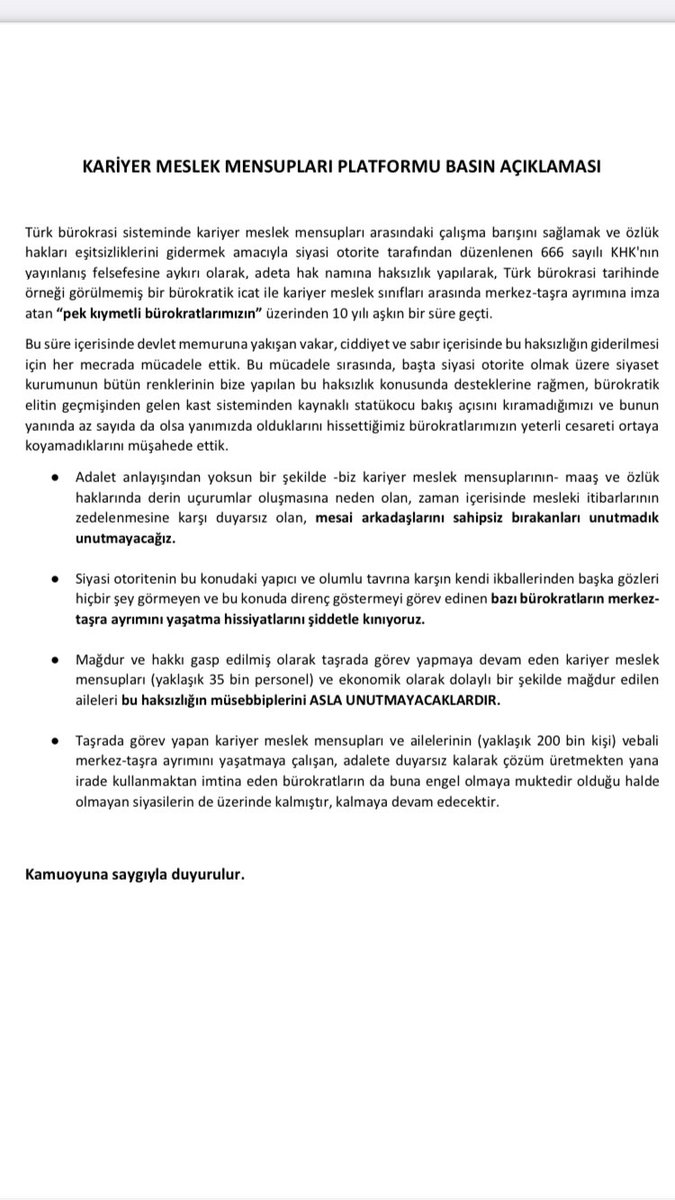 #UzmanınMerkeziTaşrasıOlmaz 
Kariyer Meslek Mensupları Platformu Basın Açıklaması.
<a href="/tcbestepe/">T.C. Cumhurbaşkanlığı</a> <a href="/RTErdogan/">Recep Tayyip Erdoğan</a> <a href="/HMBakanligi/">T.C. Hazine ve Maliye Bakanlığı</a> <a href="/HmbSosyalMedya/">Hazine ve Maliye Bakanlığı Sosyal Medya</a> <a href="/TBMMresmi/">TBMM</a> <a href="/TBMMGenelKurulu/">TBMM Genel Kurulu</a> <a href="/csbgovtr/">T.C. Çevre, Şehircilik ve İklim Dğş. Bakanlığı</a> <a href="/csgbakanligi/">T.C. Çalışma ve Sosyal Güvenlik Bakanlığı</a> <a href="/Akparti/">AK Parti</a> <a href="/MHP_Bilgi/">MHP</a> <a href="/herkesicinCHP/">CHP 🇹🇷</a> <a href="/iyiparti/">İYİ Parti</a> <a href="/anadoluajansi/">Anadolu Ajansı</a> <a href="/ihacomtr/">İhlas Haber Ajansı</a> <a href="/dhainternet/">Demirören Haber Ajansı</a>