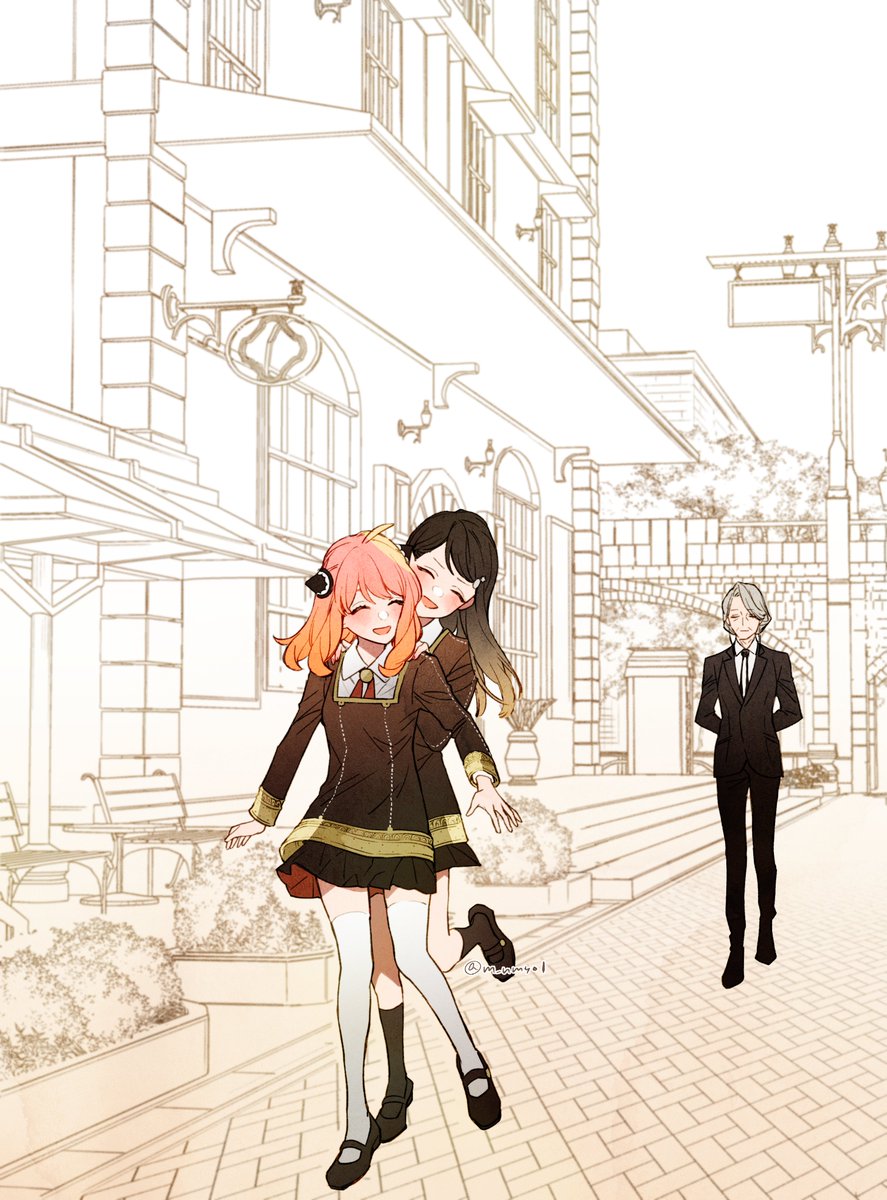 anya (spy x family) aged up 1girl 1boy pink hair bag flower bouquet  illustration images