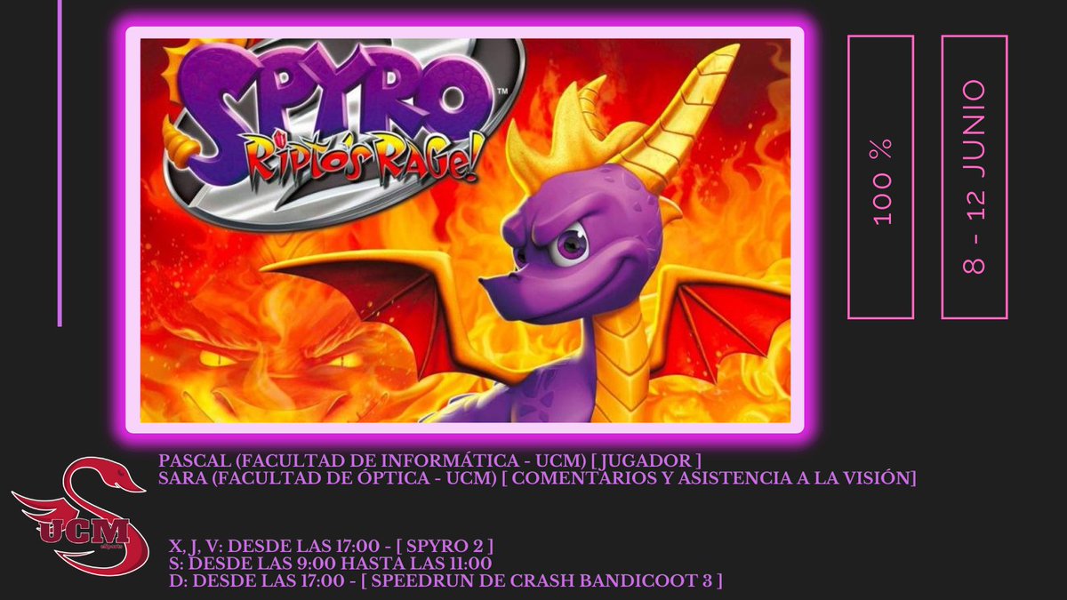 eSportsUCM's tweet photo. Ahora que hemos estrenado nuestro canal de Twitch... ¡toca darle más caña!
@Semi_ingenieros remontará el vuelo y escupirá fuego... bueno, realmente lo hará @SpyroTheDragon, pero a sus órdenes 🤣.
¡No te lo pierdas!
🗓️8-12 de junio
👉https://t.co/SuhFMZMfjZ https://t.co/a4fyXf1K72