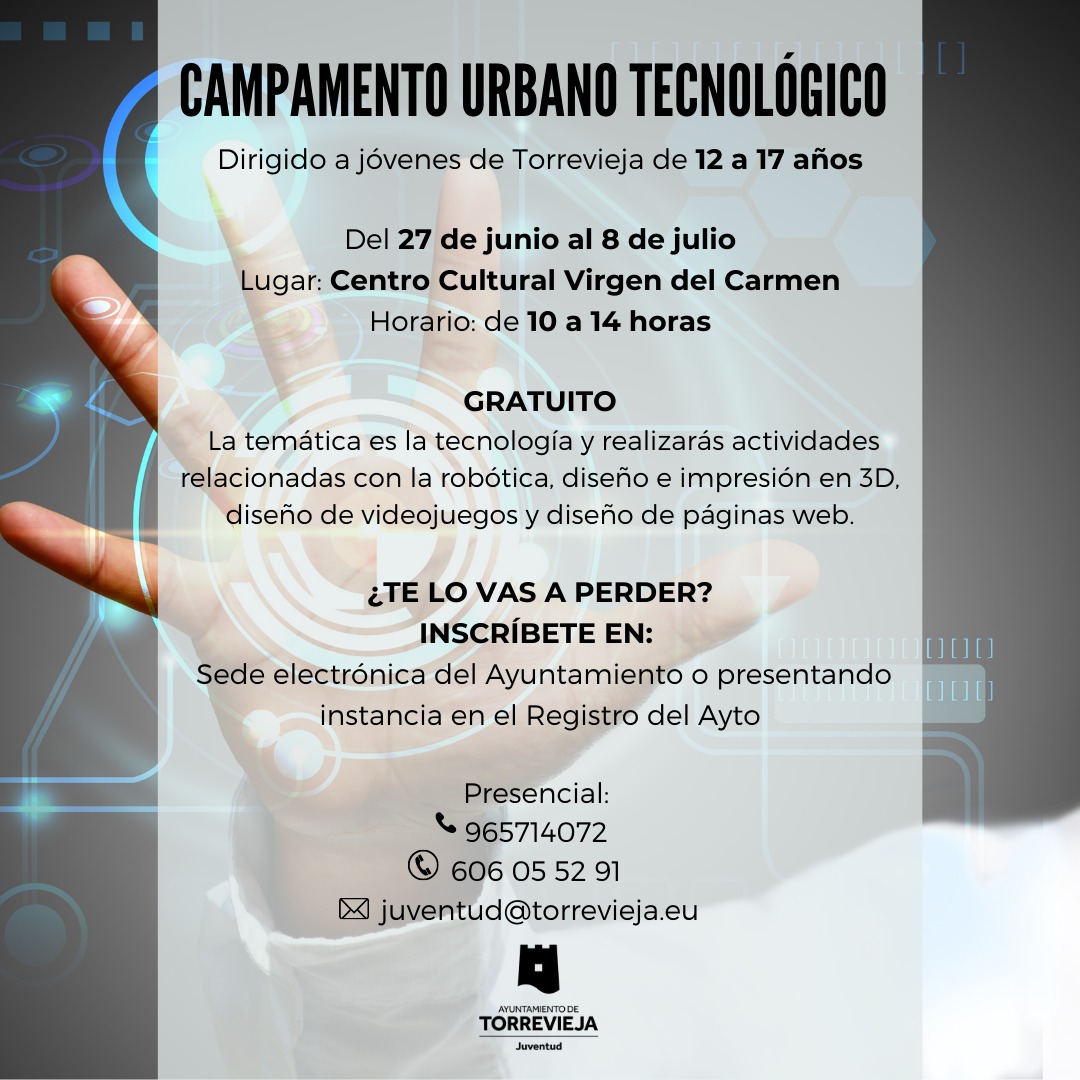 👩‍🦱JUVENTUD ABRE EL PLAZO DE INSCRIPCIÓN DEL CAMPAMENTO URBANO TECNOLÓGICO PARA ADOLESCENTES

Se desarrollará del 27 de junio al 8 de julio en el CCVC y va dirigido a adolescentes de 12 a 17 años de Torrevieja

+info👉 cutt.ly/XJANRFi

#poryparatorrevieja #torrevieja