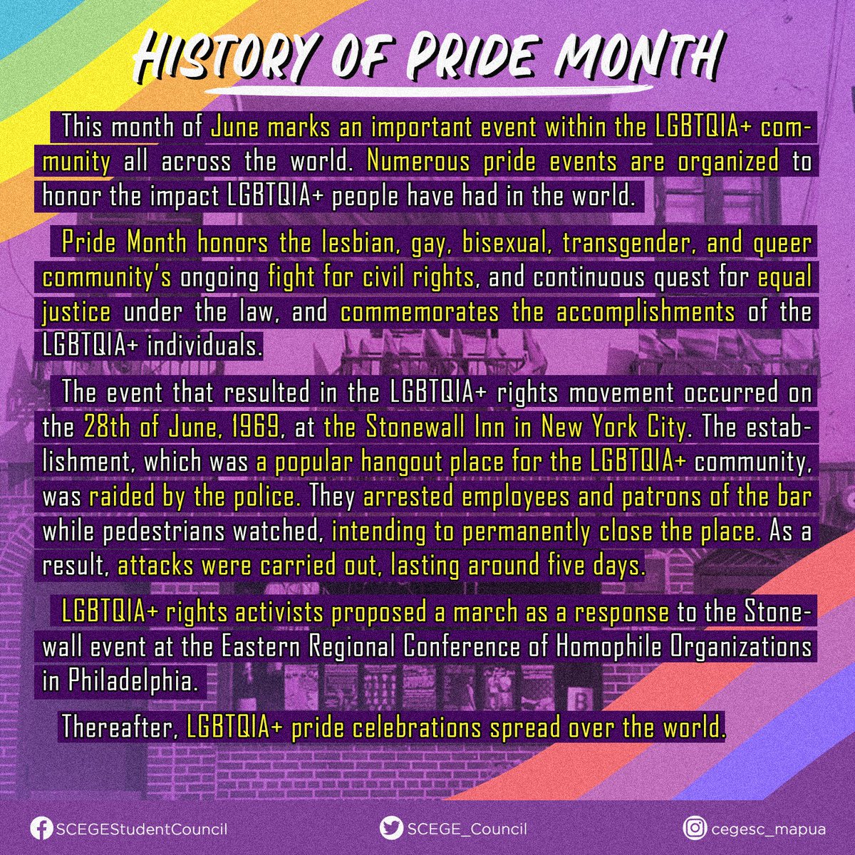 SCEGE_Council's tweet photo. 🌈𝑲𝑵𝑶𝑾 𝒀𝑶𝑼𝑹 𝑷𝑹𝑰𝑫𝑬🌈

This month of June marks an important event within the LGBTQIA+ community all across the world. Numerous pride events are organized to honor the impact LGBTQIA+ people have had in the world. https://t.co/uTvl0RgfKm