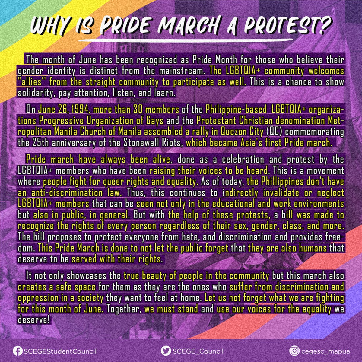 SCEGE_Council's tweet photo. 🌈𝑲𝑵𝑶𝑾 𝒀𝑶𝑼𝑹 𝑷𝑹𝑰𝑫𝑬🌈

This month of June marks an important event within the LGBTQIA+ community all across the world. Numerous pride events are organized to honor the impact LGBTQIA+ people have had in the world. https://t.co/uTvl0RgfKm