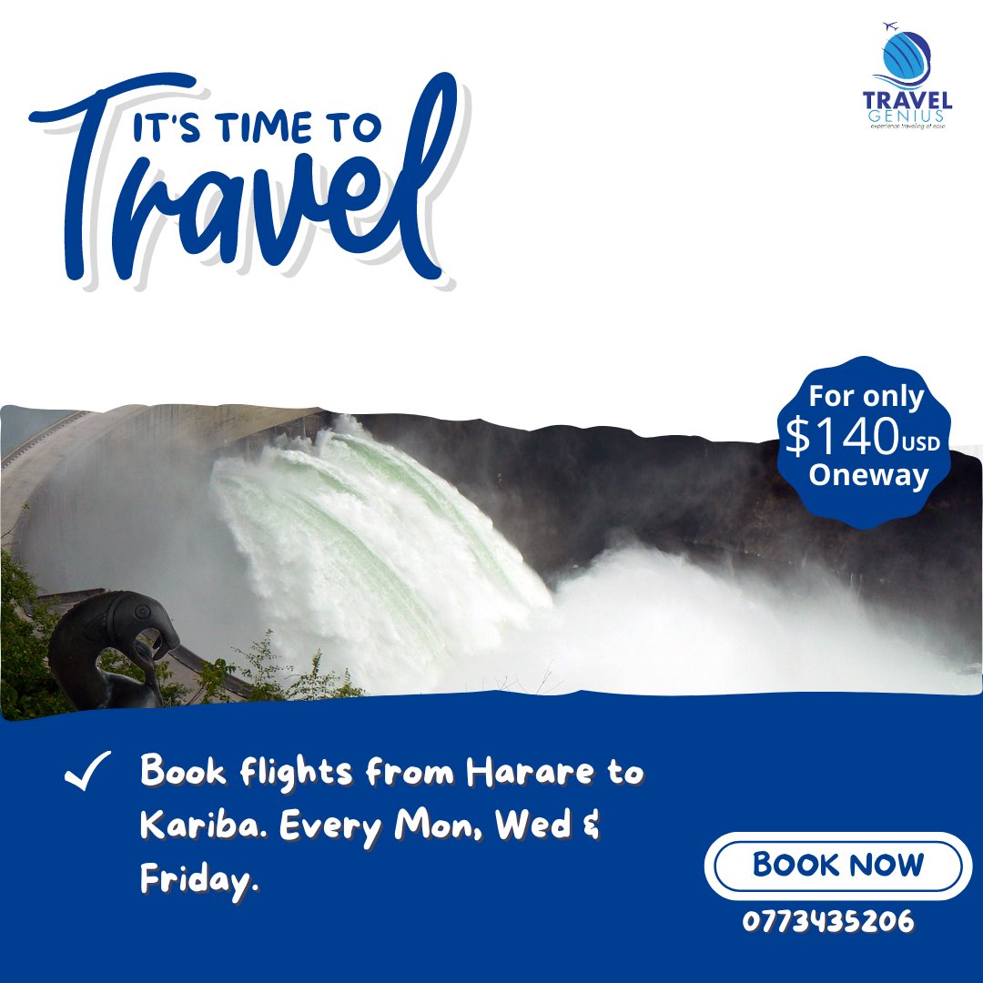 TravelGenius3's tweet photo. Travel at ease with us. You can book your one-way #flights with us from #Harare to #Kariba for as little as $140USD.
Simply DM us for more info.
#AitTickets #FlightBookings #BusHire #TravelAgencyInZimbabwe #CarHire https://t.co/a8jYU0jm3b