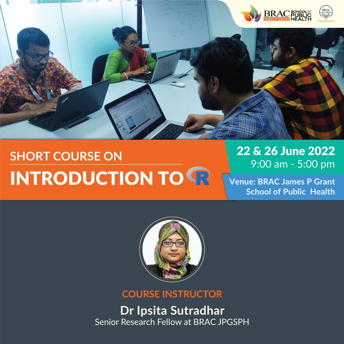 BRACJPGSPH's tweet photo. We are offering a 2-day short course on quantitative data analysis skills using 'R' on June 22 &amp; 26, 2022.  
The course will be facilitated by @IpsitaEva, Senior Research Fellow, @BRACJPGSPH 

Apply here by 18 June 2022: https://t.co/hCKIdP98g4

Details: https://t.co/66SsFLIZoD https://t.co/mzu13OCsGt