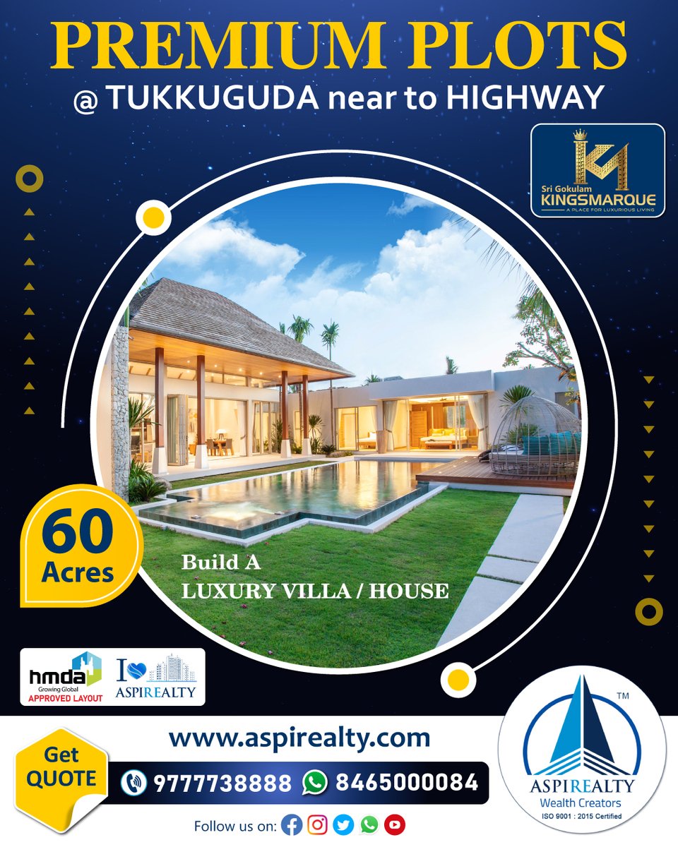 aspirealty's tweet photo. Invest Now In Kingsmarque Premium Plots @ Tukkuguda Near To Srisailam Highway
https://t.co/Us4UsSJxPz
Call: 9777738888, WA: 8465000084
https://t.co/uyxQCqvdFf, info@aspirealty.com
#Aspirealty #WealthCreators #HMDA #Kingsmarque #MAKProjects #TukkugudaPlots #SrisailamHighway #ECity https://t.co/Ht61xPutPR