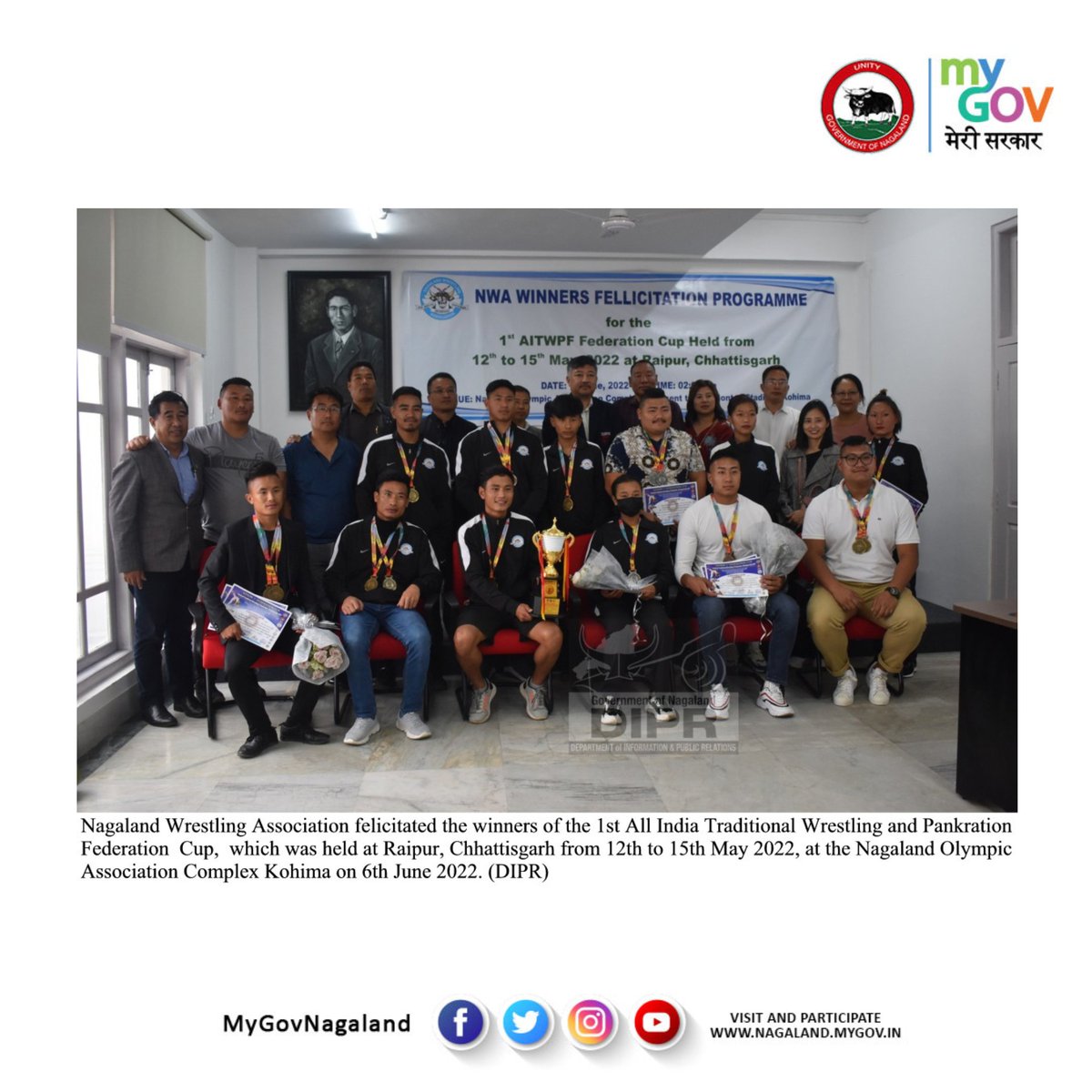 MyGovNagaland's tweet photo. #NagalandWrestlingAssociation felicitated the winners of the 1st All India Traditional Wrestling and Pankration Federation Cup #AITWPF at the #Nagaland Olympic Association Complex Kohima on 6th June 2022.
@dipr_nagaland https://t.co/avORFUUya7
