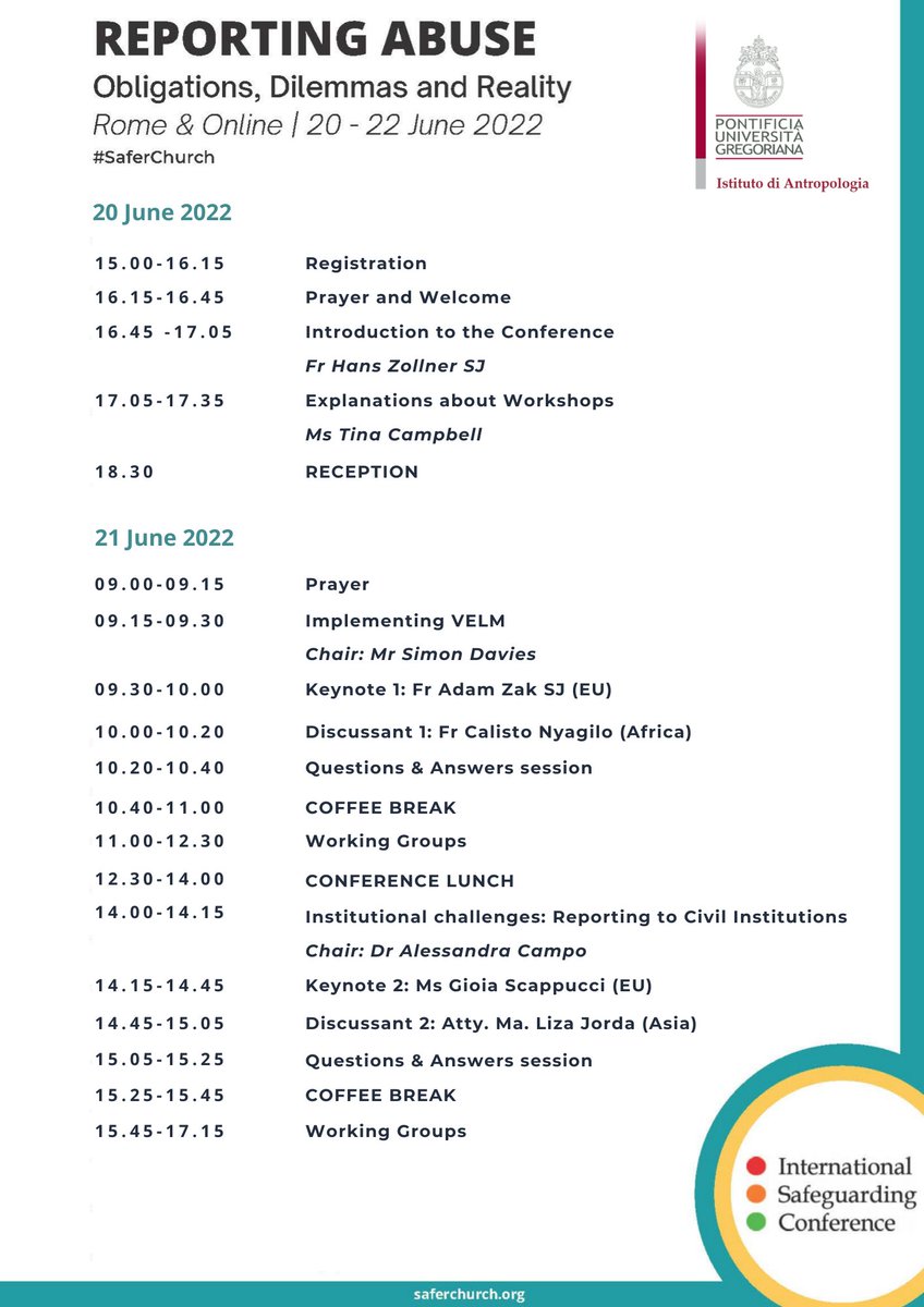 SaferChurch's tweet image. We are happy to share the #ISC2022 programme with you!
Keynotes, Discussants, Safeguarding Practitioners from all over the world, together, to network and find solutions to the issue of #ReportingAbuse

@IADC_UniGre @UniGregoriana