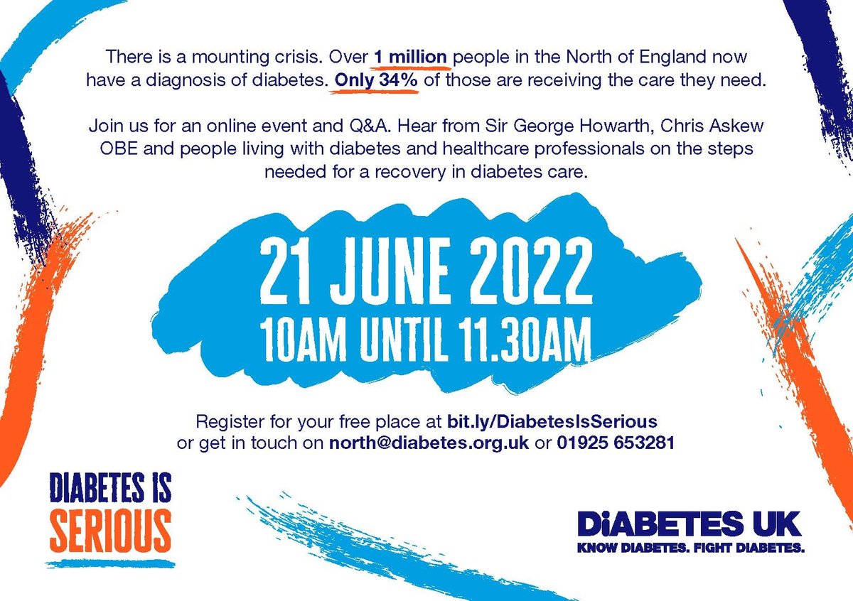 DiabetesUK's tweet photo. With over 1 million people now diagnosed with diabetes in the North of England, but just 34% of those people receiving the care they need, we’re calling for urgent action to get diabetes care back on track.

Join us on Tuesday 21 June to find out more: https://t.co/QIEyDahwbq https://t.co/VFKAAzpVhk