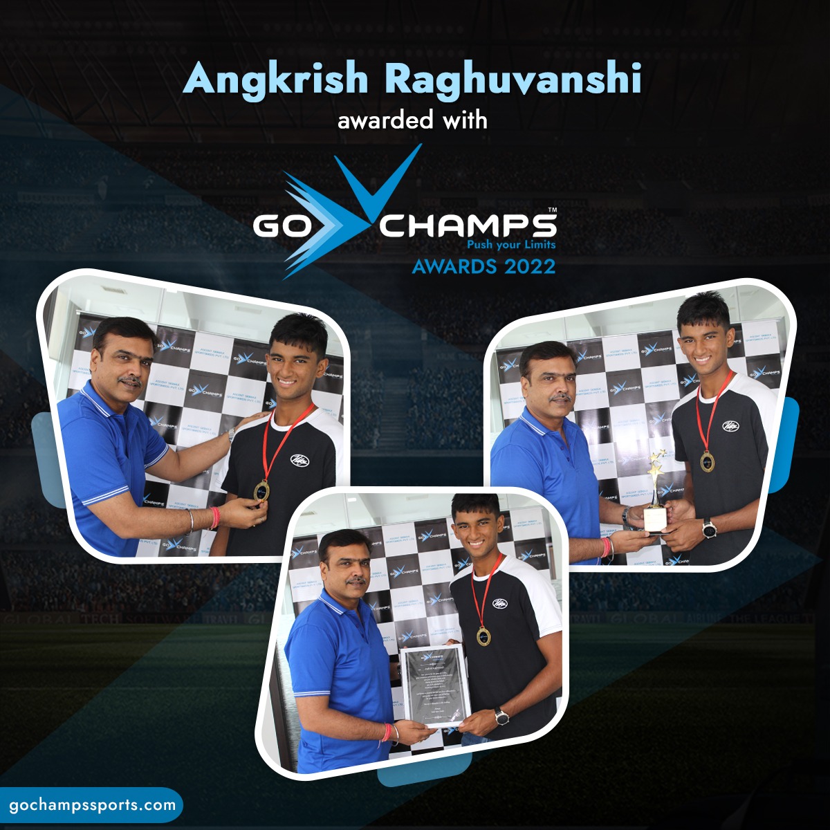 gochampssports's tweet photo. Angkrish Raghuvanshi, was part of the Indian U-19 World Cup winning team. GoChamps feels proud to present the young Champion with GoChamps Awards' 2022.
.
.
#angkrishraghuvanshi #cricket #aspiringcricketer #athlete #aspiringathlete #gochampsawards2022 #pushyourlimits https://t.co/rI0tOP97L3