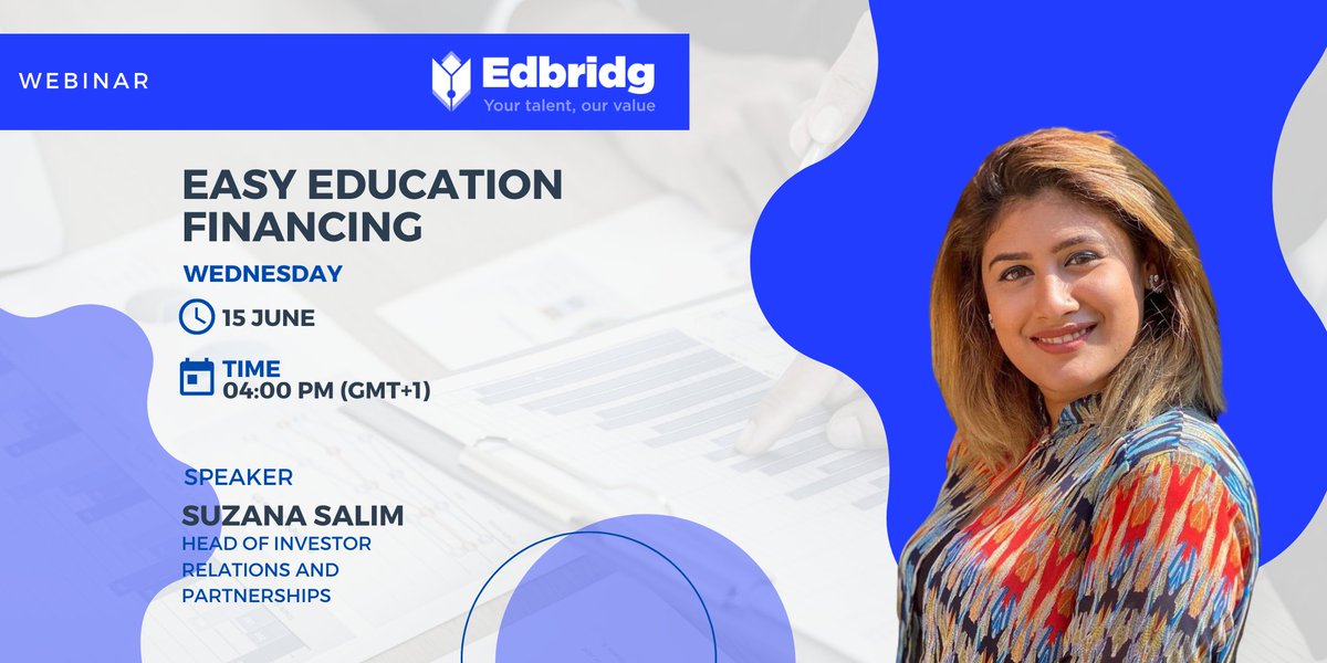 Edbridgtalent's tweet photo. Want to learn about new ways of financing your education or other upskilling programs? 
Join us for a session about an innovative financing solution customized just for you! 
Date: Wednesday 15th June 2022
Time : 4:00 PM UK Time (GMT +1)
Register now at : https://t.co/aWm4NLfO6H https://t.co/q0jLmddYbD