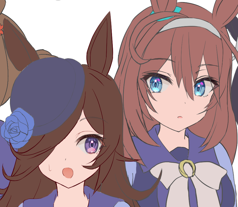 mihono bourbon (umamusume) ,rice shower (umamusume) multiple girls animal ears horse ears brown hair tracen school uniform hat blue eyes  illustration images